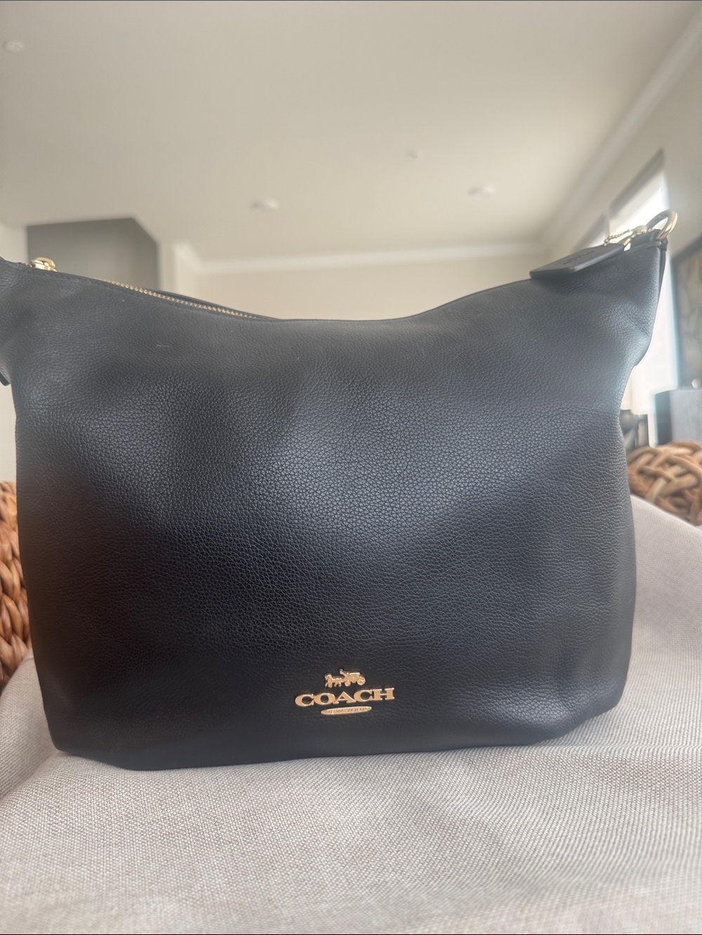 Coach Black Pebbled Leather Shoulder Bag with Gold Logo